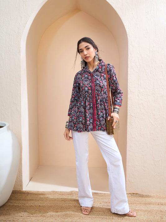 Women Black Floral Front Placket Collar Kurti