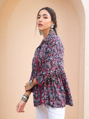 Women Black Floral Front Placket Collar Kurti