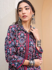 Women Black Floral Front Placket Collar Kurti