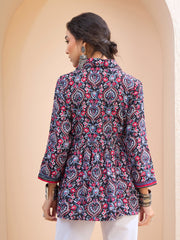 Women Black Floral Front Placket Collar Kurti