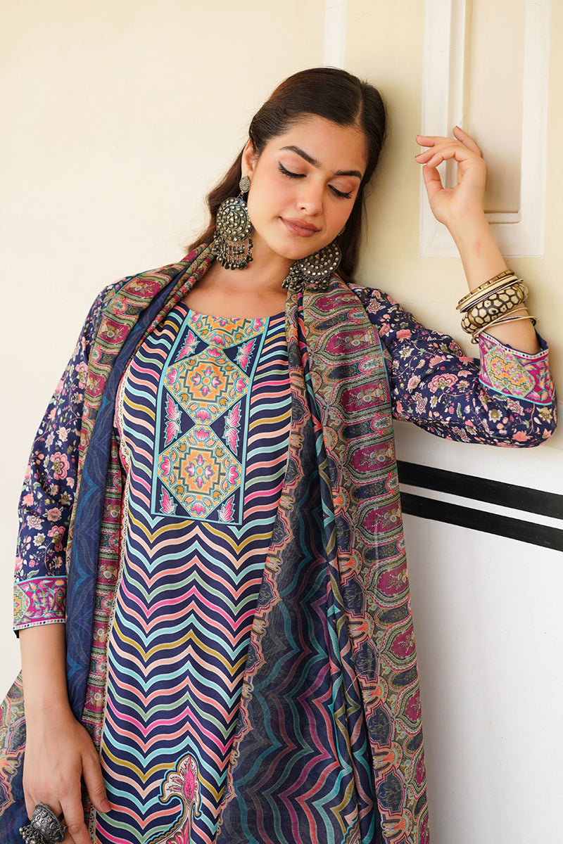 blue rayon blend ethnic motifs printed straight kurta trouser with dupatta 