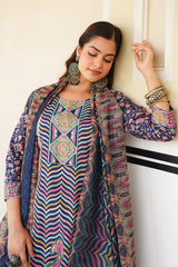 blue rayon blend ethnic motifs printed straight kurta trouser with dupatta 