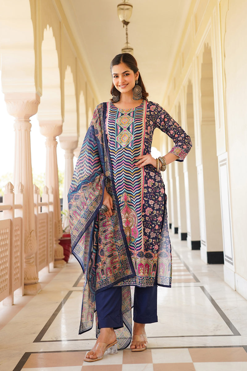 blue rayon blend ethnic motifs printed straight kurta trouser with dupatta 