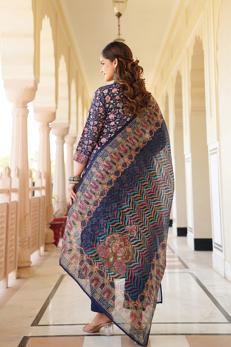 blue rayon blend ethnic motifs printed straight kurta trouser with dupatta 