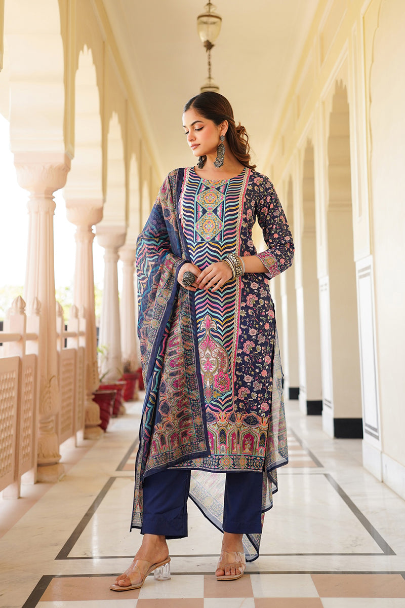 blue rayon blend ethnic motifs printed straight kurta trouser with dupatta 