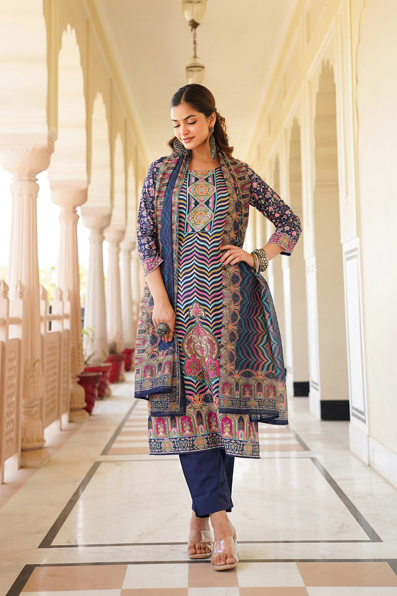 blue rayon blend ethnic motifs printed straight kurta trouser with dupatta 
