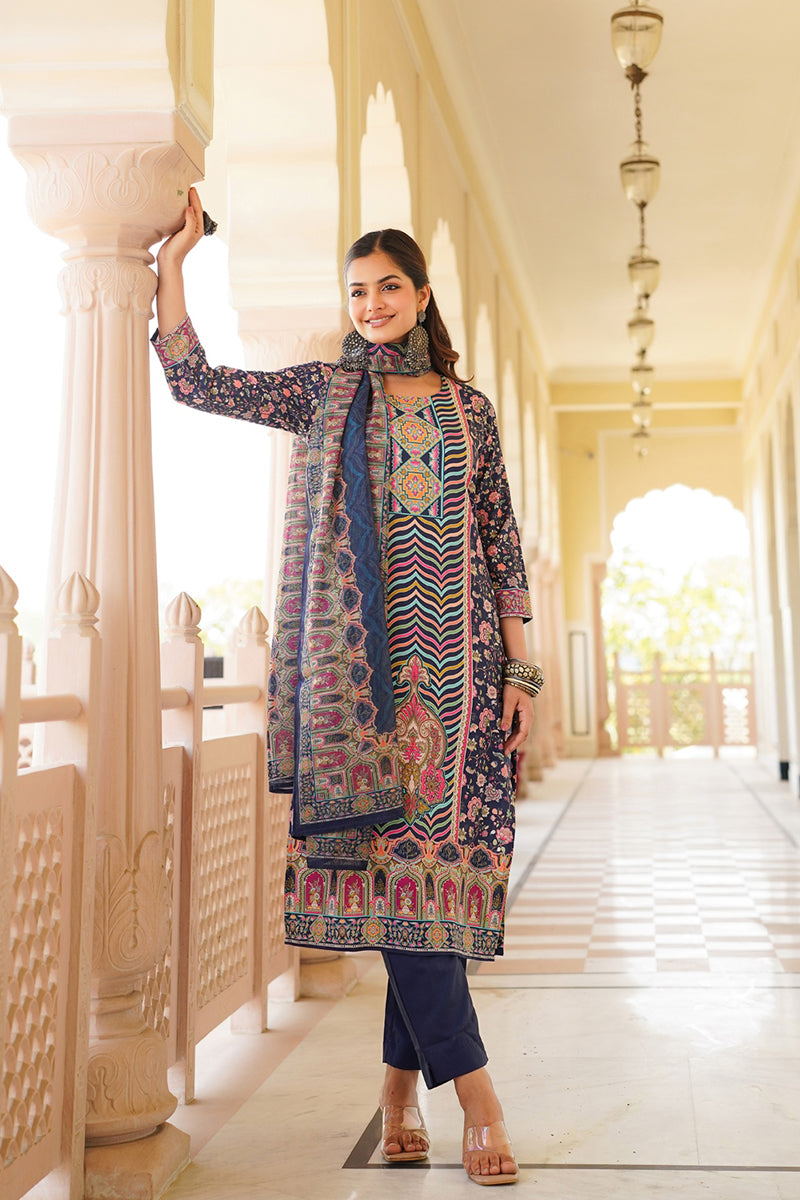 blue rayon blend ethnic motifs printed straight kurta trouser with dupatta 