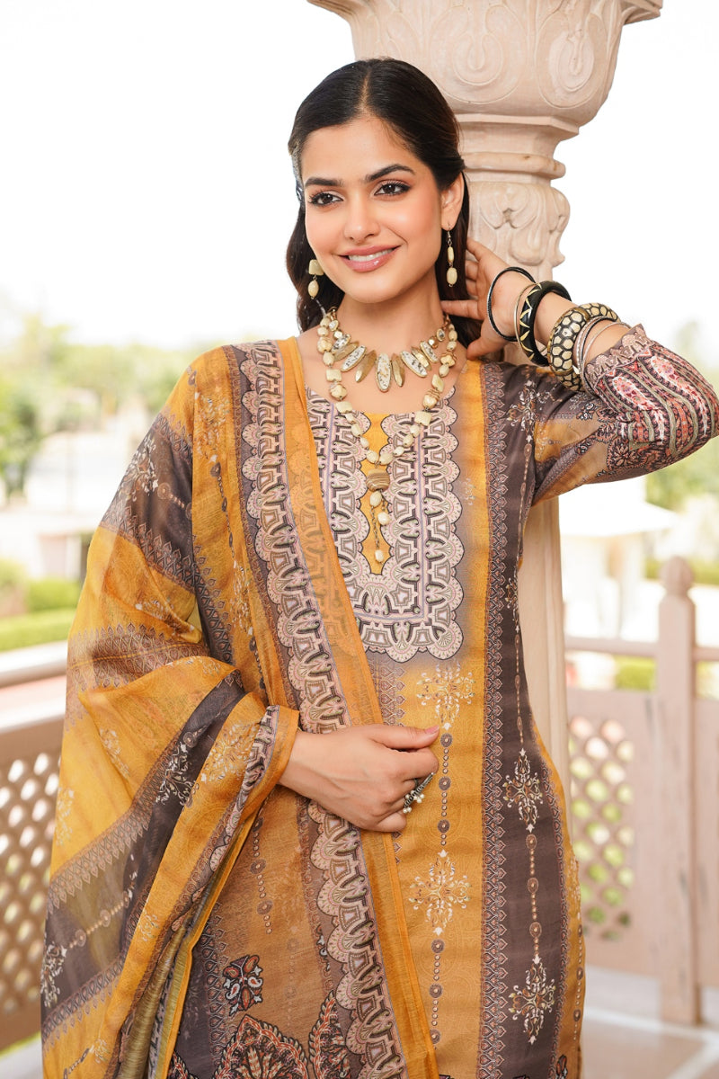 yellow rayon blend ethnic motifs printed straight kurta trouser with dupatta skskd3050