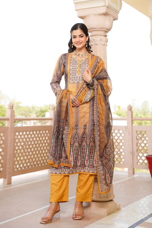 yellow rayon blend ethnic motifs printed straight kurta trouser with dupatta skskd3050