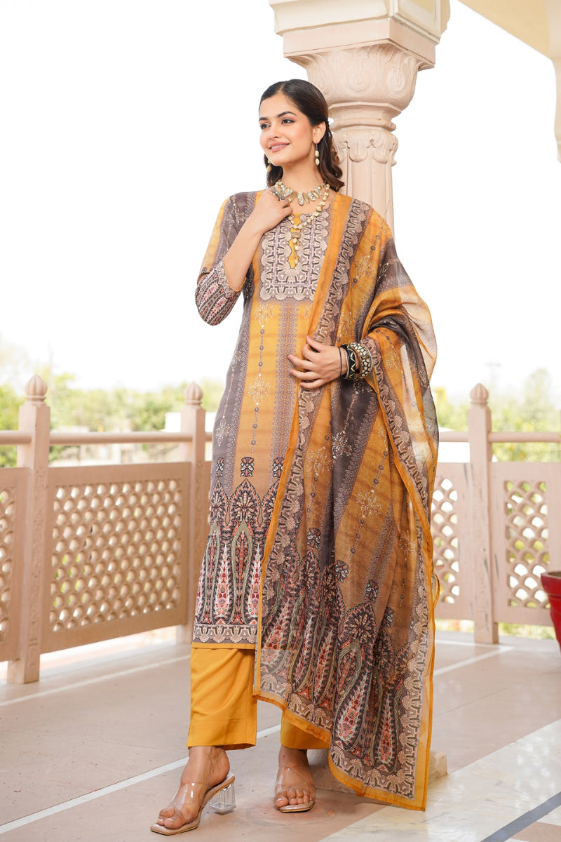 yellow rayon blend ethnic motifs printed straight kurta trouser with dupatta skskd3050