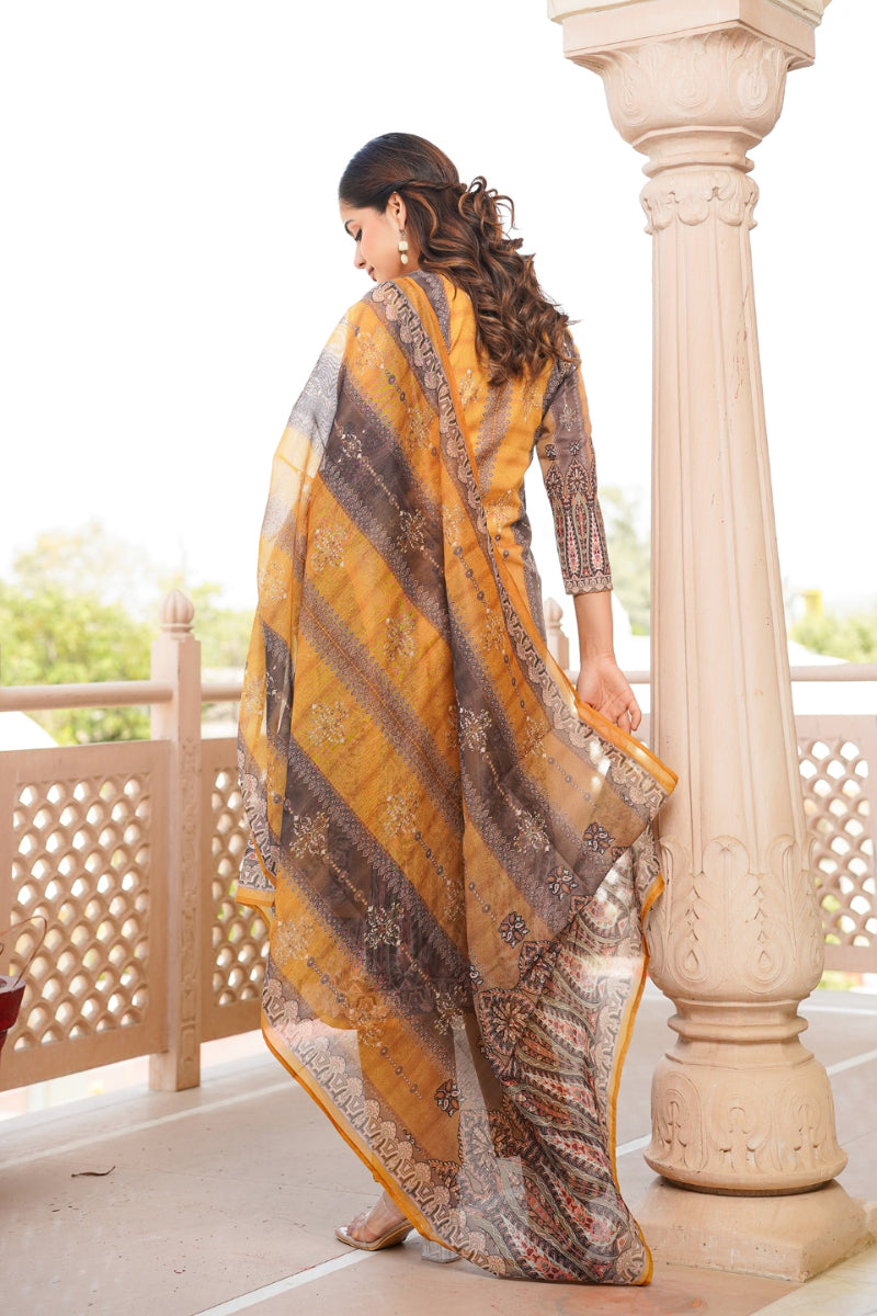 yellow rayon blend ethnic motifs printed straight kurta trouser with dupatta skskd3050