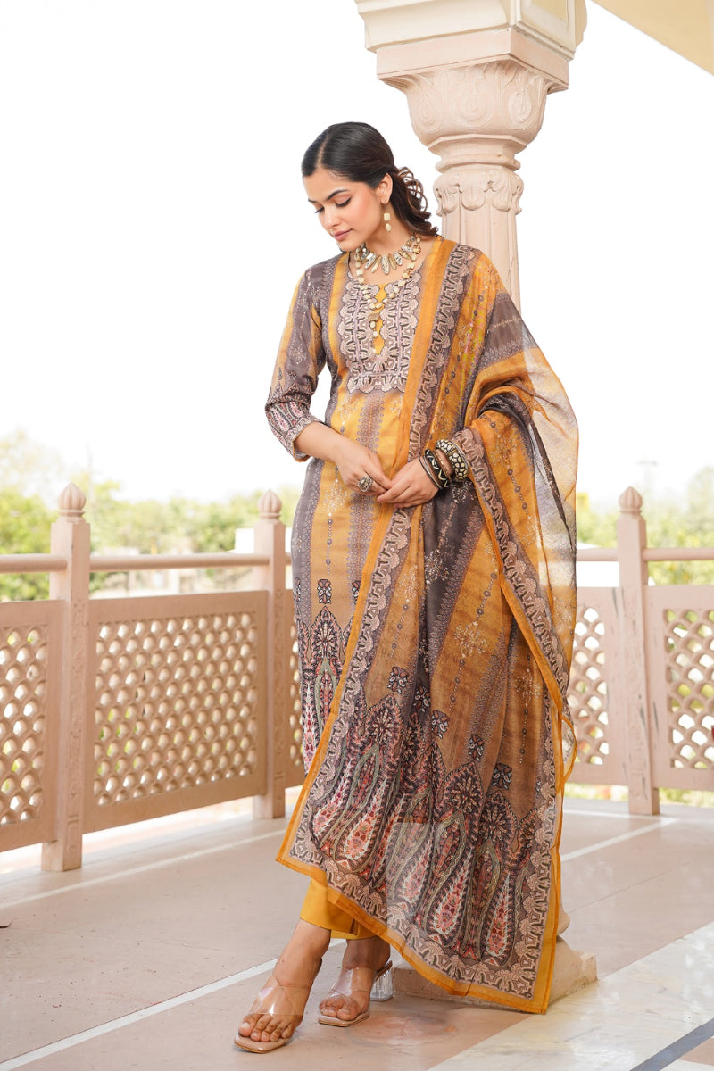 yellow rayon blend ethnic motifs printed straight kurta trouser with dupatta skskd3050