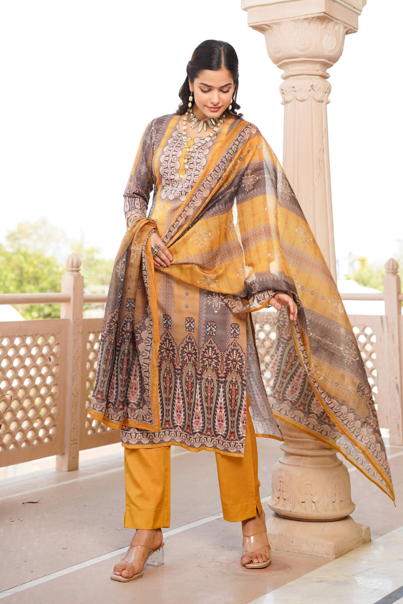 yellow rayon blend ethnic motifs printed straight kurta trouser with dupatta skskd3050