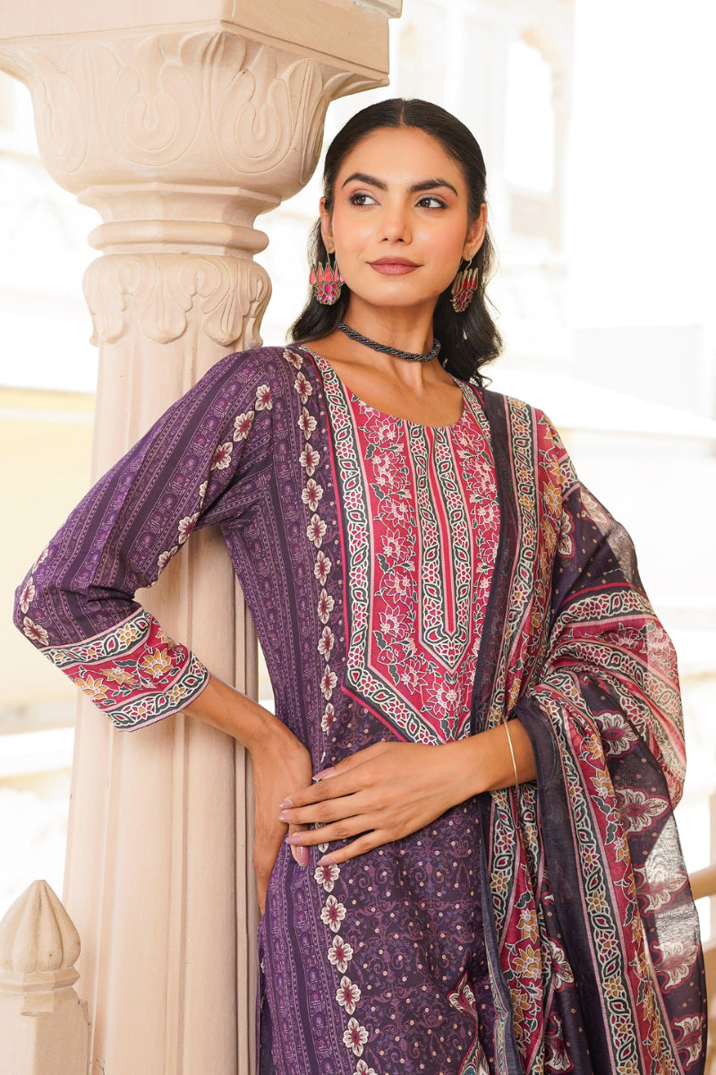 purple rayon blend ethnic motifs printed straight kurta trouser with dupatta 