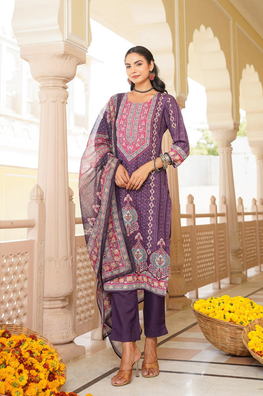 purple rayon blend ethnic motifs printed straight kurta trouser with dupatta 