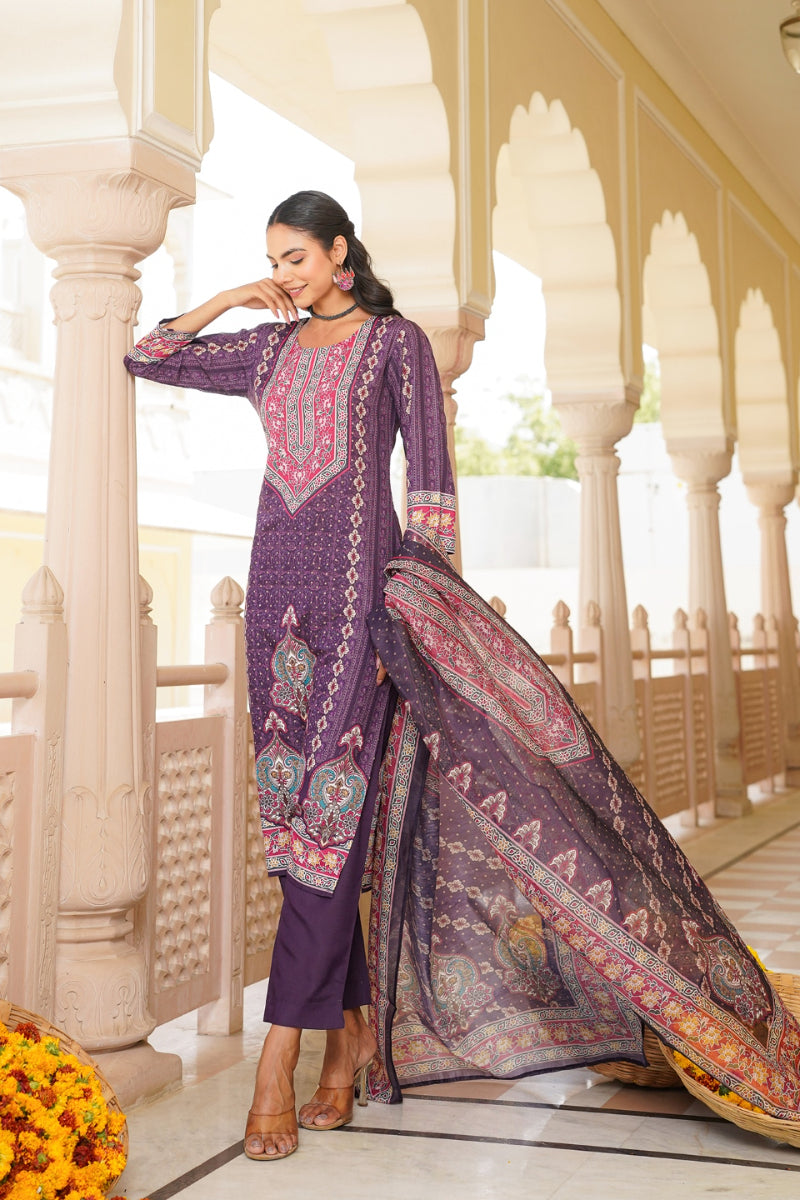 purple rayon blend ethnic motifs printed straight kurta trouser with dupatta 