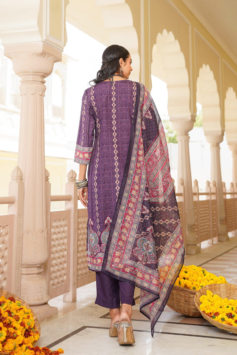 purple rayon blend ethnic motifs printed straight kurta trouser with dupatta 