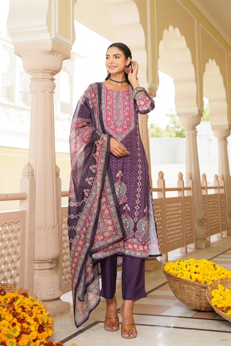 purple rayon blend ethnic motifs printed straight kurta trouser with dupatta 