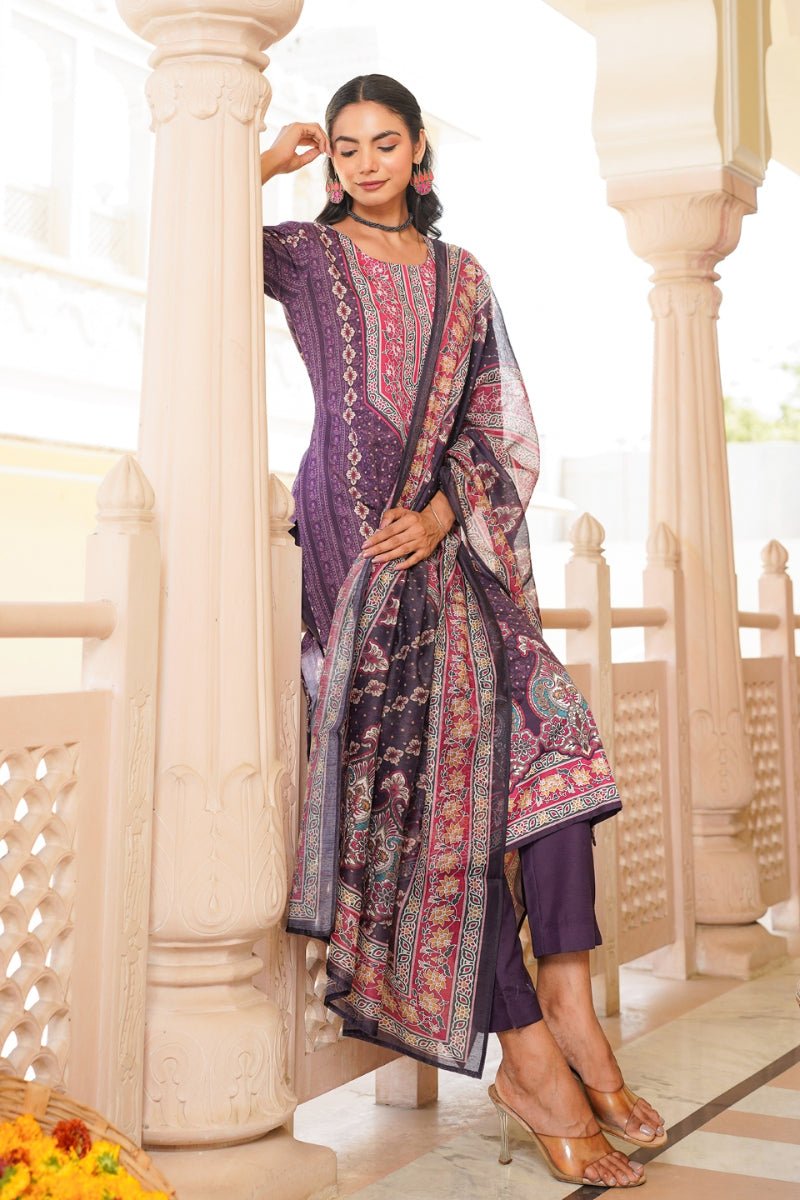 purple rayon blend ethnic motifs printed straight kurta trouser with dupatta 