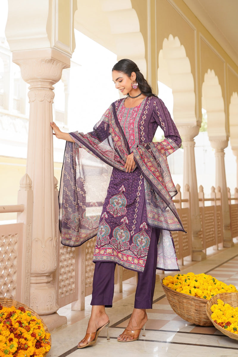 purple rayon blend ethnic motifs printed straight kurta trouser with dupatta 
