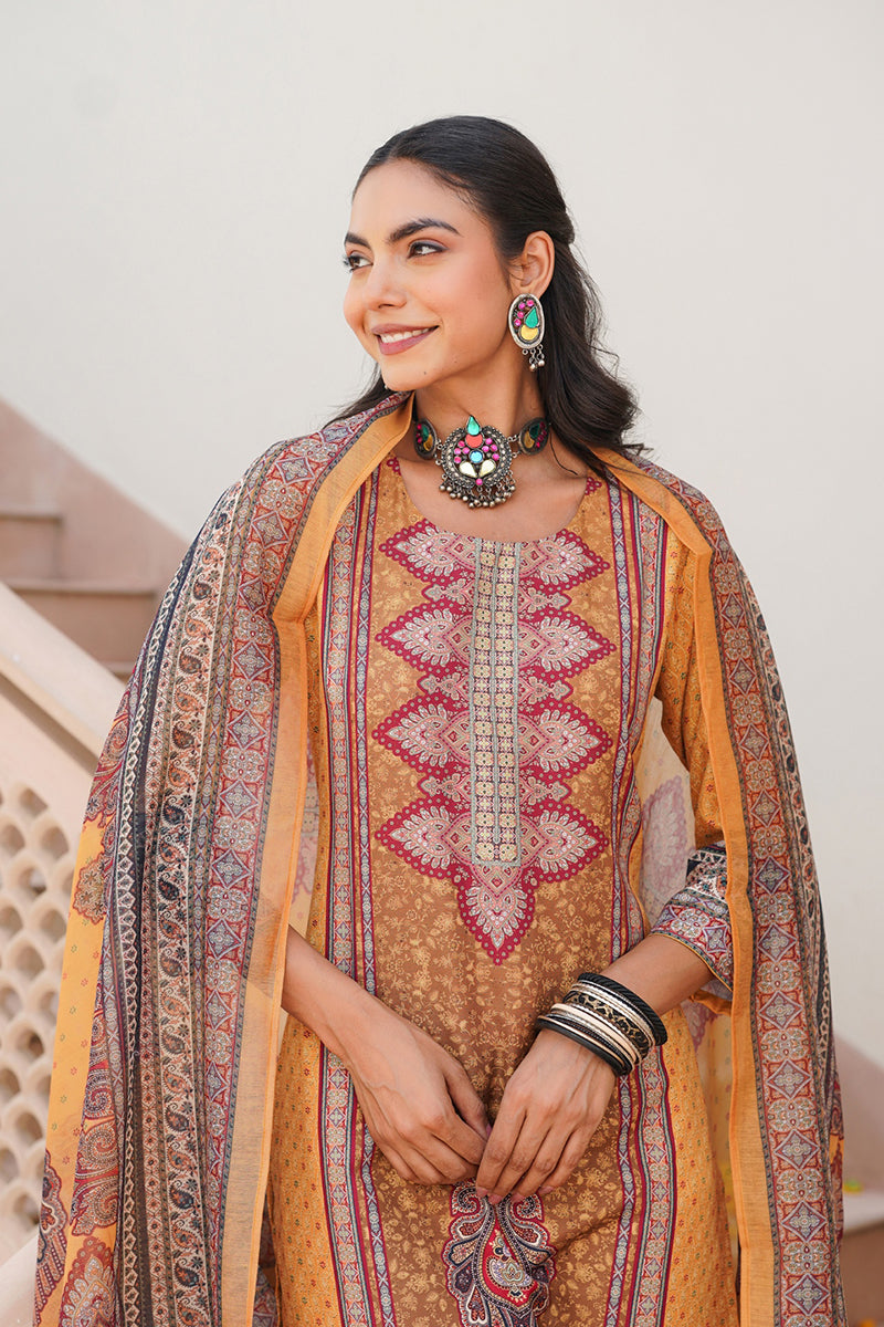 yellow rayon blend ethnic motifs printed straight kurta trouser with dupatta 