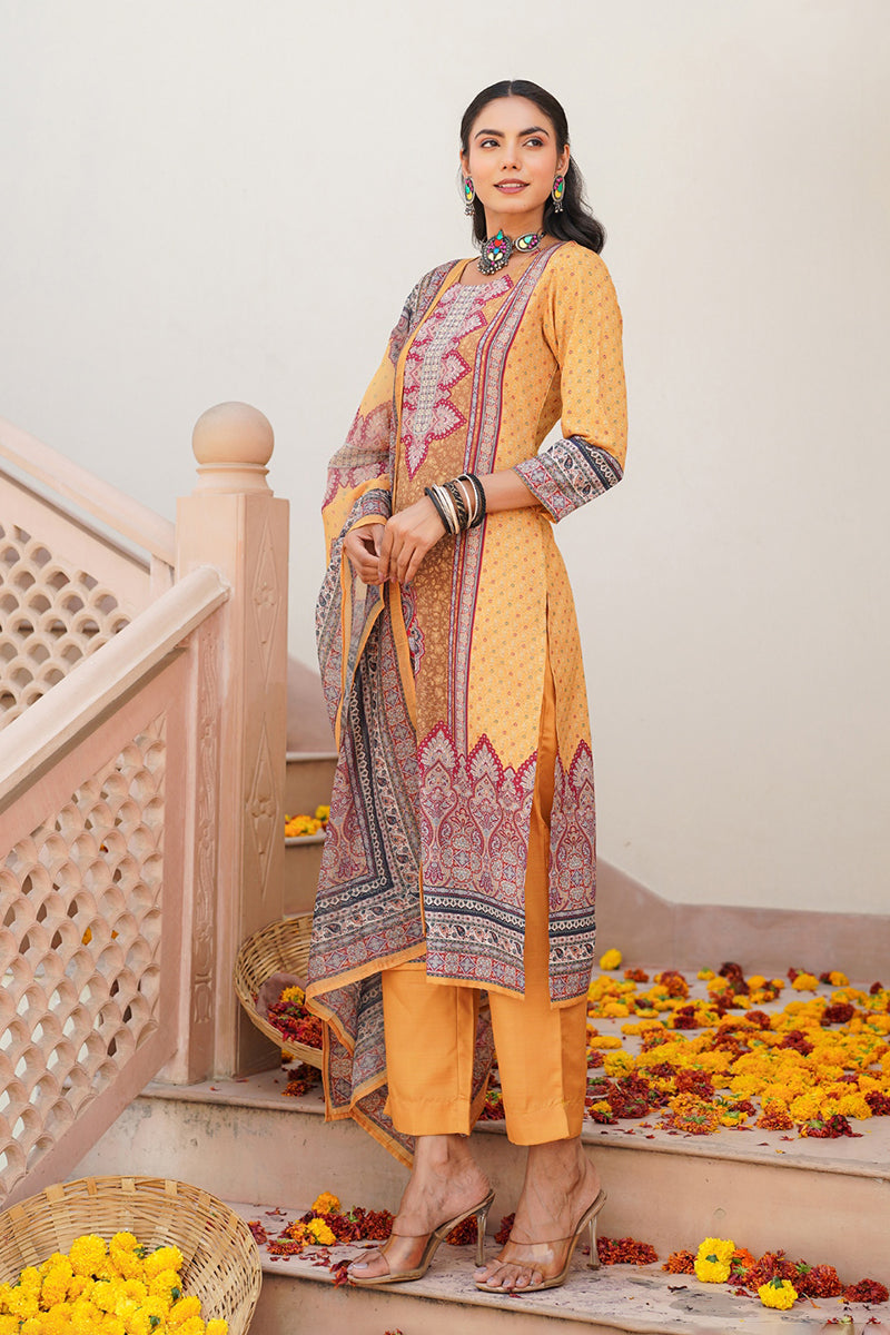 yellow rayon blend ethnic motifs printed straight kurta trouser with dupatta 