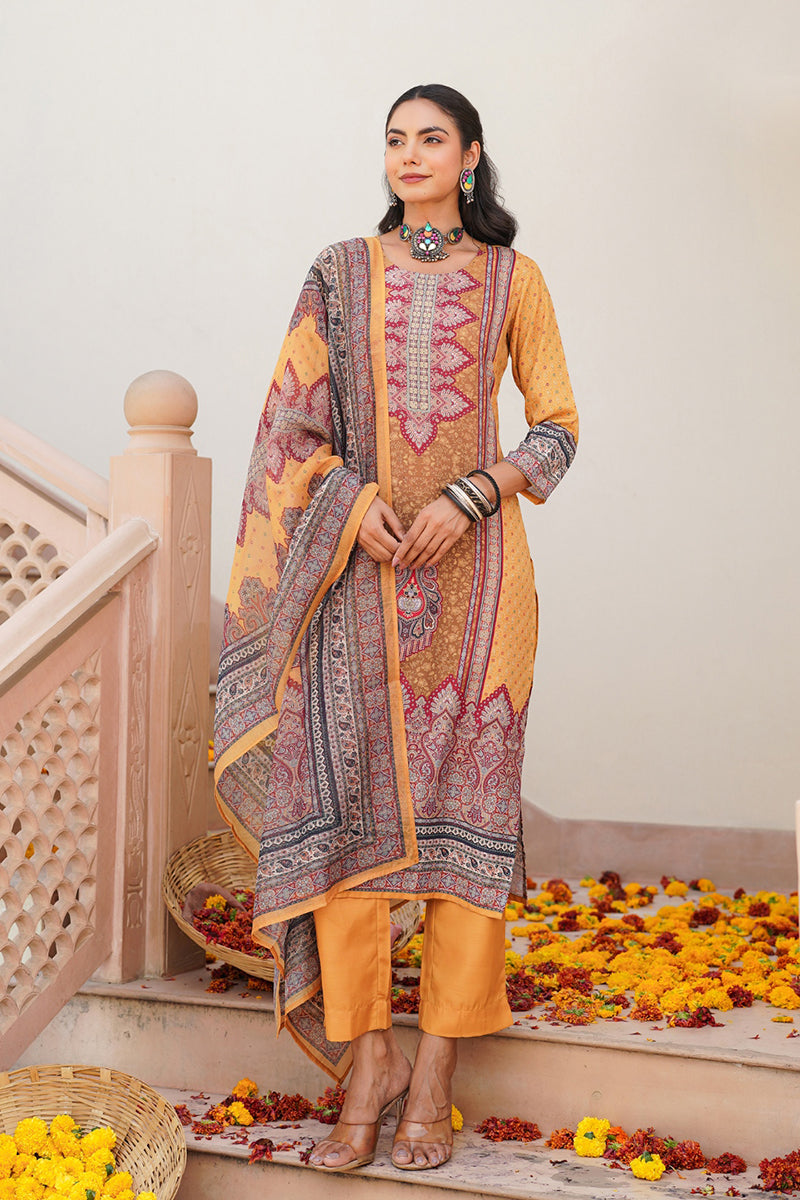 yellow rayon blend ethnic motifs printed straight kurta trouser with dupatta 