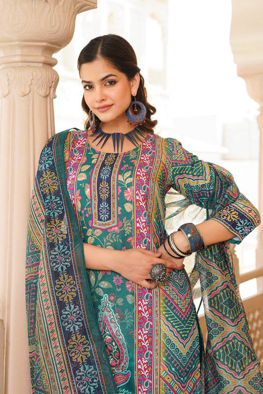 teal rayon blend ethnic motifs printed straight kurta trouser with dupatta 