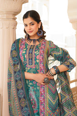 teal rayon blend ethnic motifs printed straight kurta trouser with dupatta 