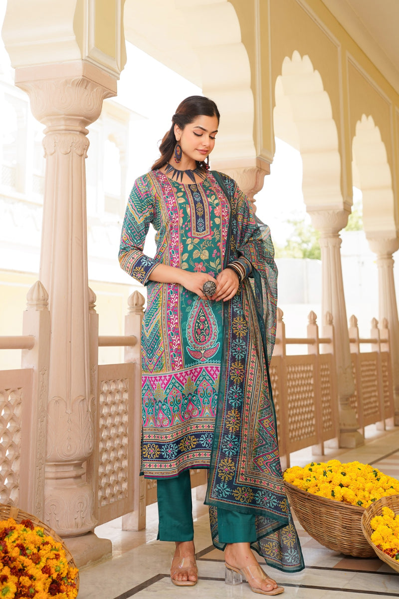 teal rayon blend ethnic motifs printed straight kurta trouser with dupatta 