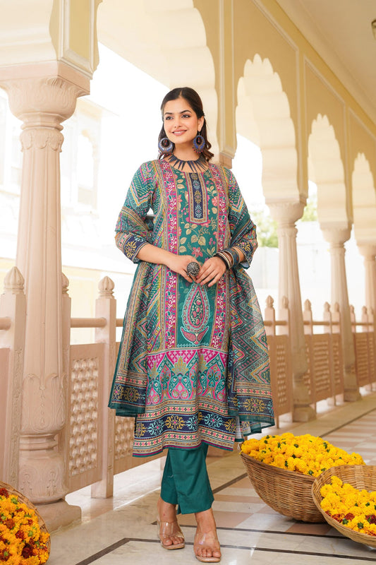 teal rayon blend ethnic motifs printed straight kurta trouser with dupatta 