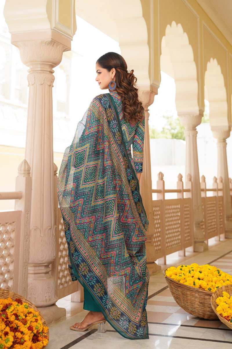 teal rayon blend ethnic motifs printed straight kurta trouser with dupatta 