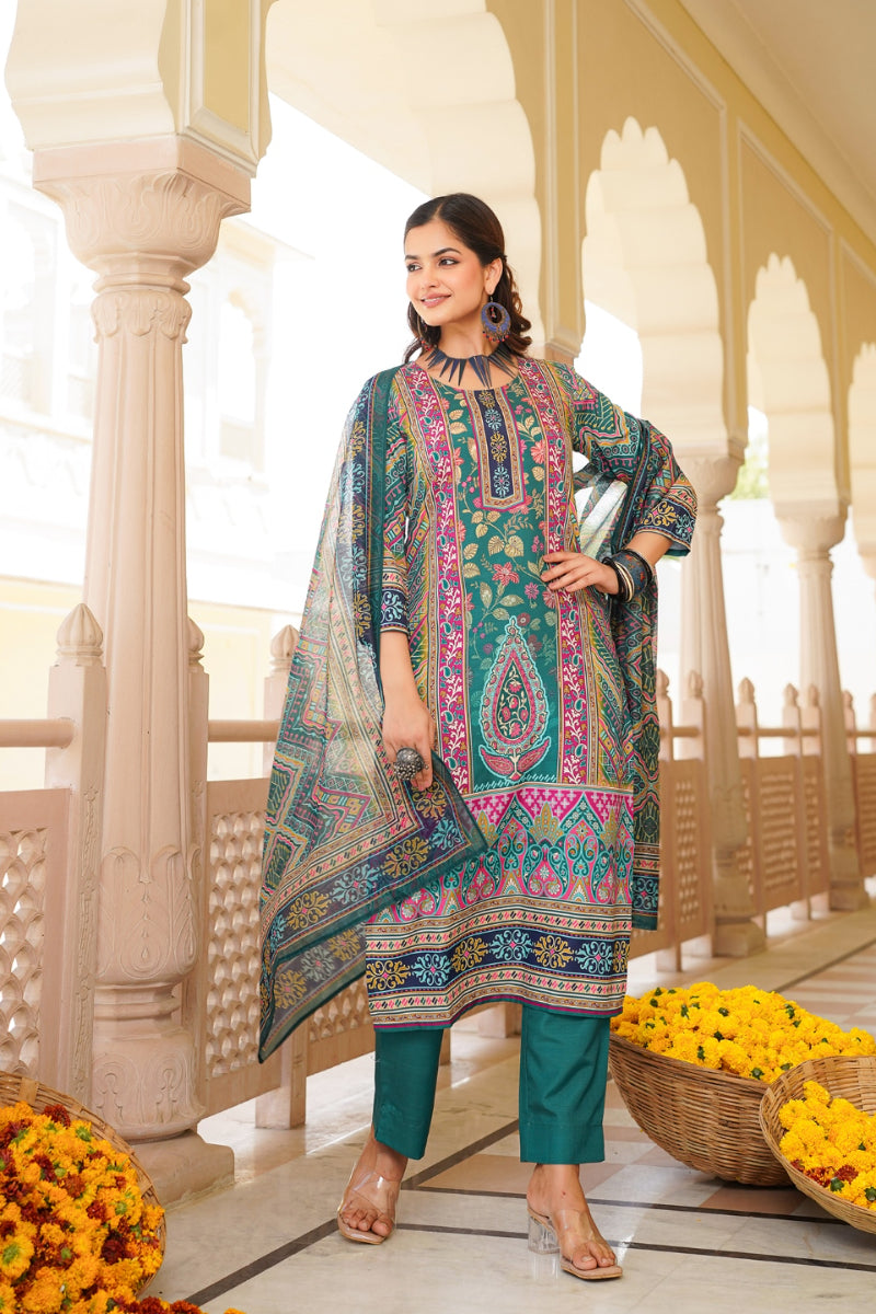 teal rayon blend ethnic motifs printed straight kurta trouser with dupatta 