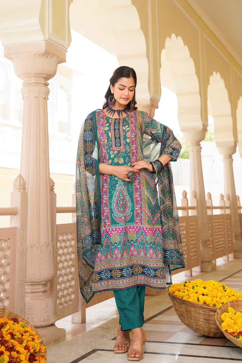 teal rayon blend ethnic motifs printed straight kurta trouser with dupatta 
