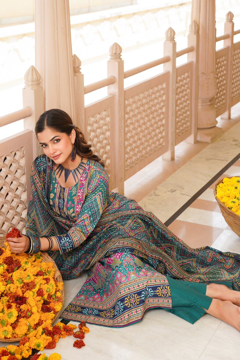 teal rayon blend ethnic motifs printed straight kurta trouser with dupatta 