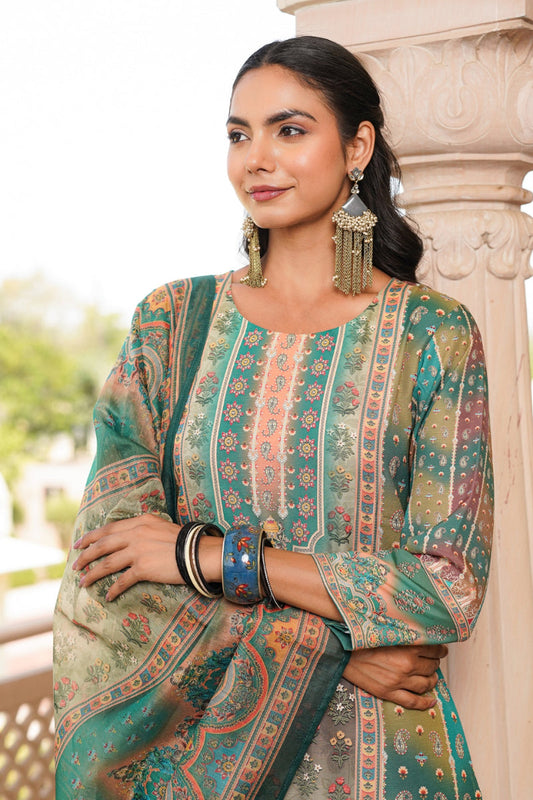 green rayon blend ethnic motifs printed straight kurta trouser with dupatta 