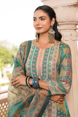green rayon blend ethnic motifs printed straight kurta trouser with dupatta 