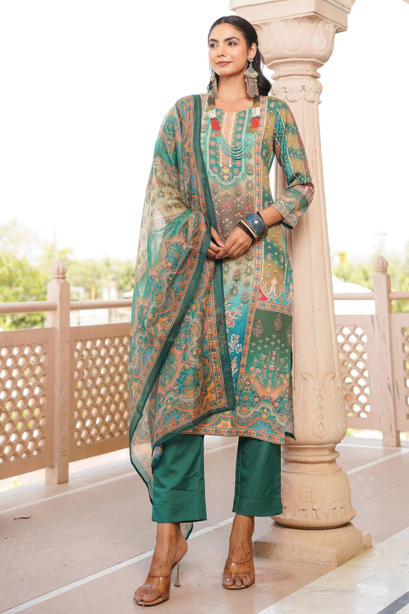 green rayon blend ethnic motifs printed straight kurta trouser with dupatta 