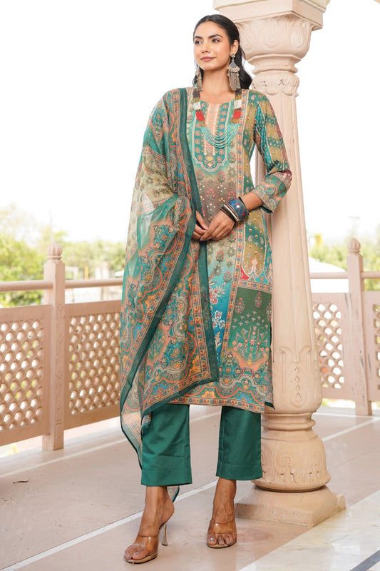 green rayon blend ethnic motifs printed straight kurta trouser with dupatta 