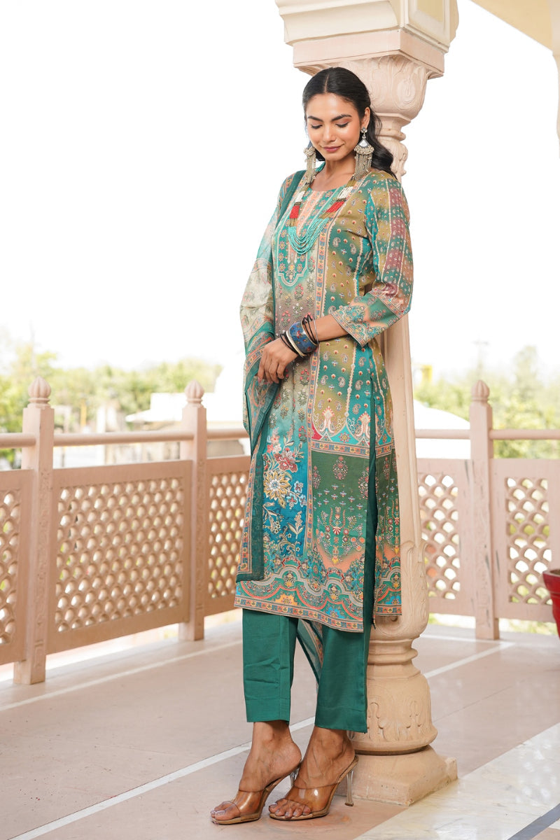 green rayon blend ethnic motifs printed straight kurta trouser with dupatta 