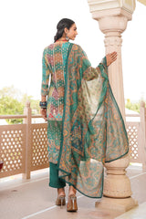 green rayon blend ethnic motifs printed straight kurta trouser with dupatta 