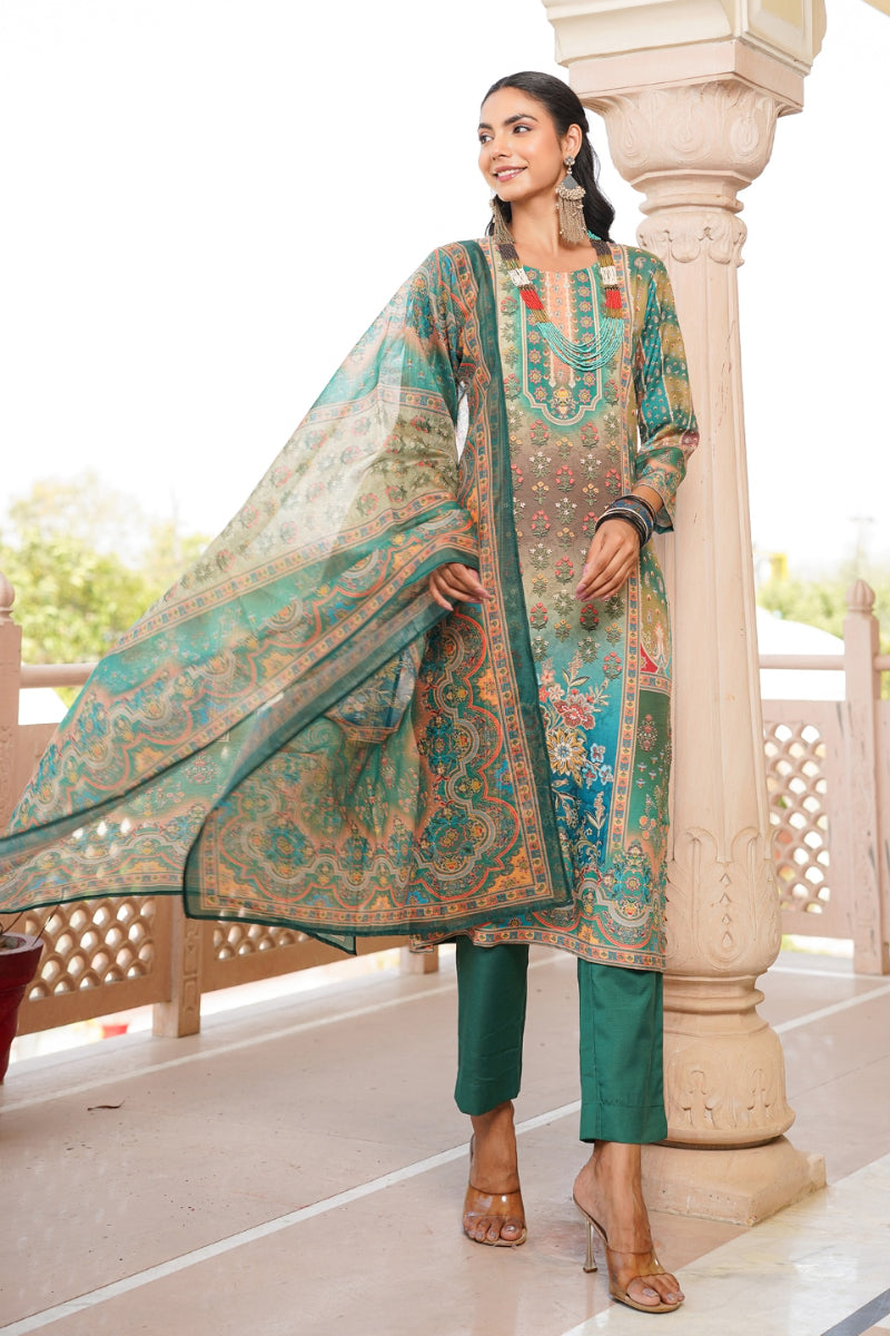 green rayon blend ethnic motifs printed straight kurta trouser with dupatta 