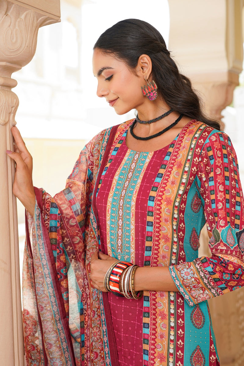 maroon rayon blend ethnic motifs printed straight kurta trouser with dupatta