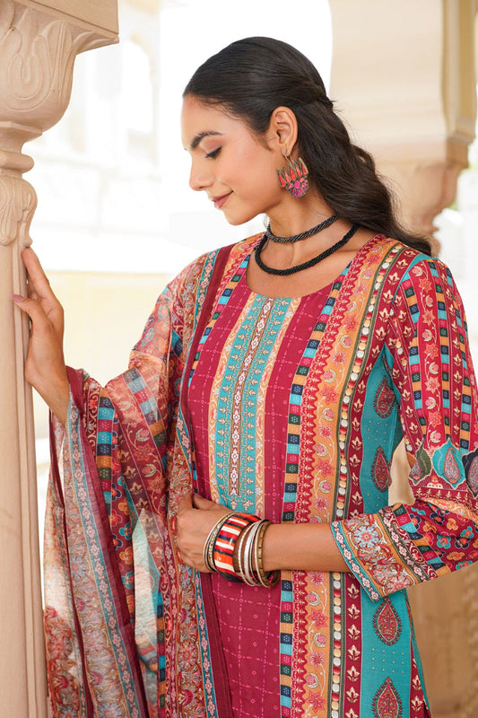 maroon rayon blend ethnic motifs printed straight kurta trouser with dupatta