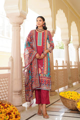 maroon rayon blend ethnic motifs printed straight kurta trouser with dupatta