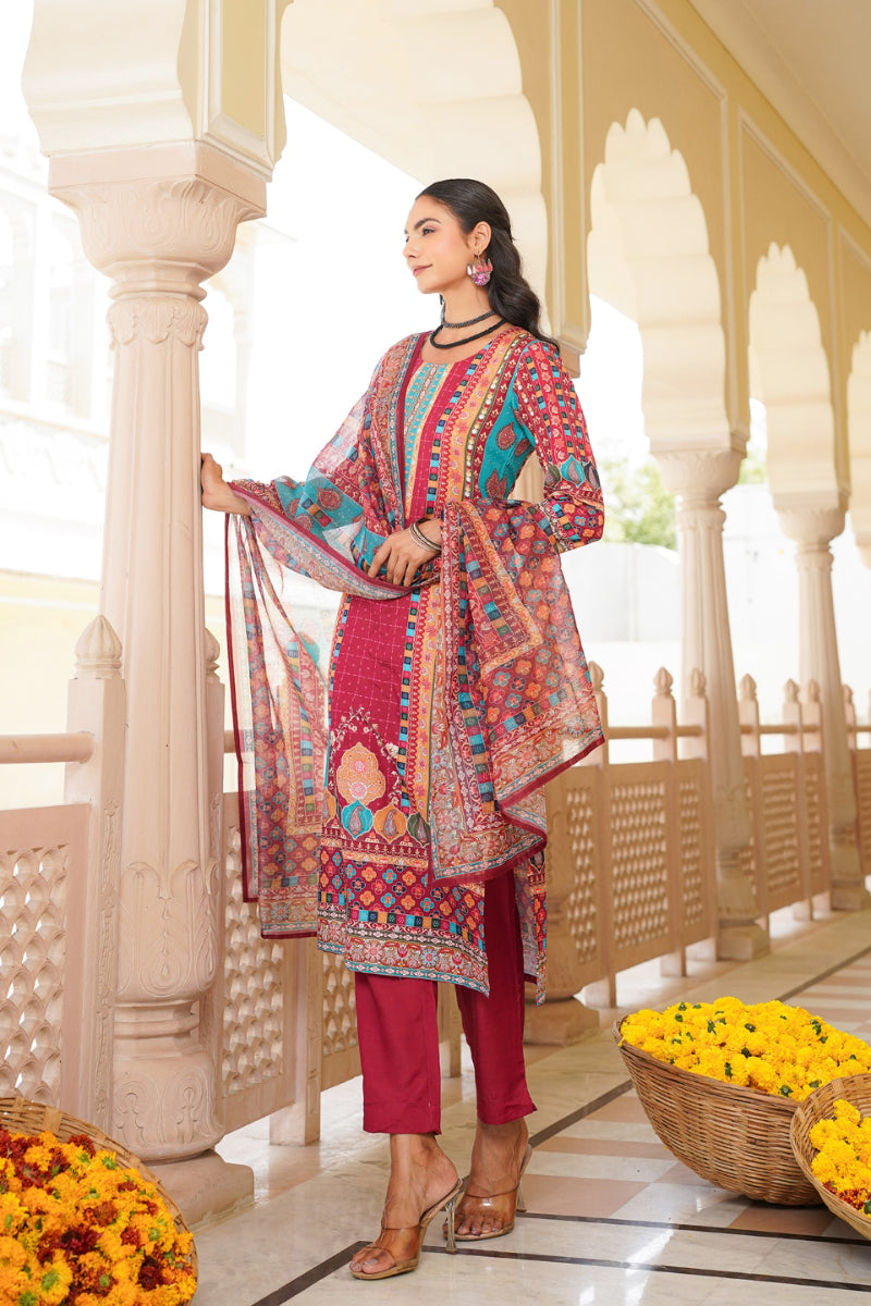 maroon rayon blend ethnic motifs printed straight kurta trouser with dupatta