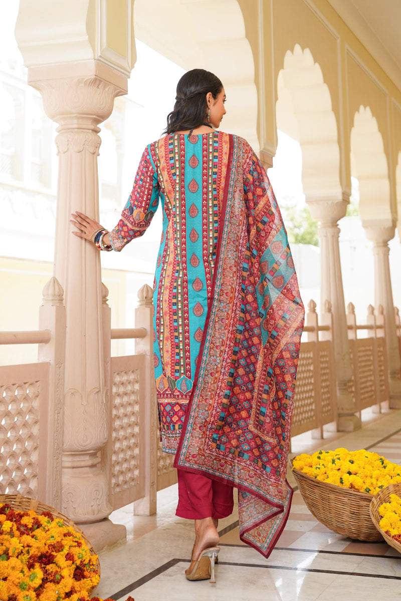maroon rayon blend ethnic motifs printed straight kurta trouser with dupatta