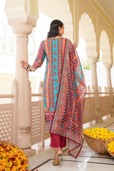 maroon rayon blend ethnic motifs printed straight kurta trouser with dupatta