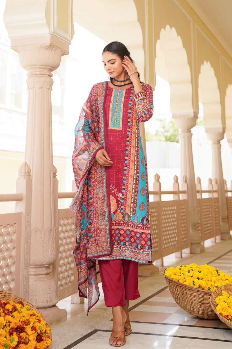 maroon rayon blend ethnic motifs printed straight kurta trouser with dupatta