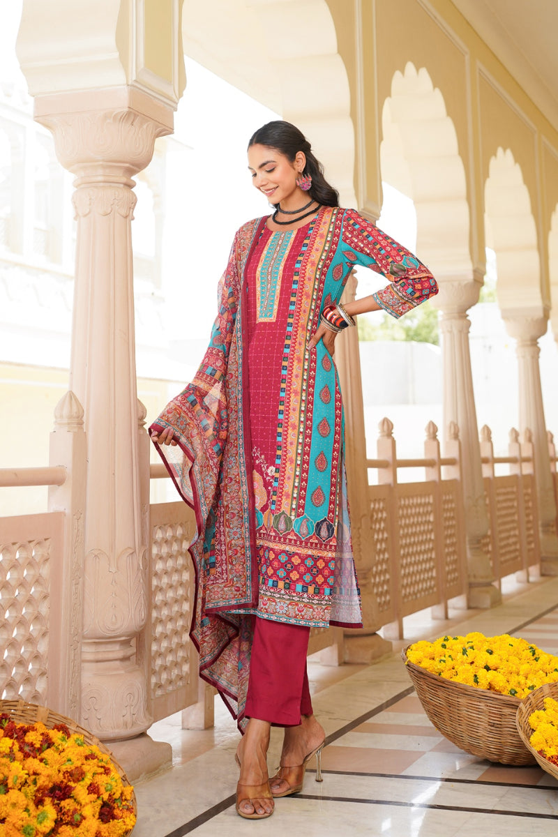 maroon rayon blend ethnic motifs printed straight kurta trouser with dupatta